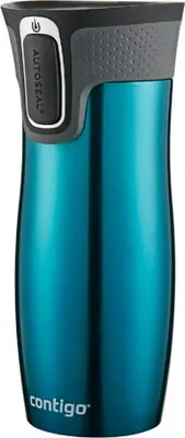 A teal colored Contigo brand insulated travel mug with a black and gray lid.