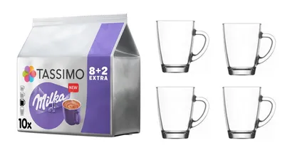 Produktbild von Tassimo Milka jetzt mit 2 extra Portionen pro Packung für noch mehr Genuss. + 4 Glastassen mit Henkel