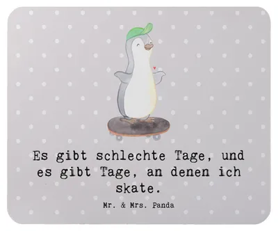 Produktbild von Mr. & Mrs. Panda Mousepad Pinguin Skateboarden - Grau Pastell - Geschenk, Skateboard fahren, Mouse Pad, mousematte, Mauspad, laptop, pc, Skaten, Skateplatz