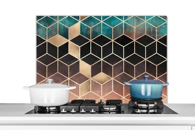 Produktbild von KitchenYeah®  Spritzschutz Küche - Küchenrückwand - Wandschutz für Herd und Spüle - Abstrakt - Würfel - Gold - Muster - Luxus 80x55 - Alu-Dibond (Alternative zum Spritzschutz aus Glas) - Hitzebeständi