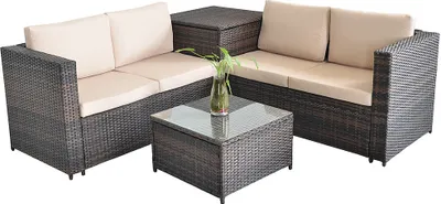 A sectional outdoor sofa set with a coffee table, presented on a white background.
