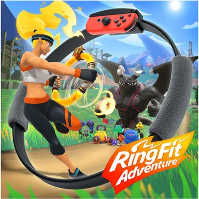 A woman is exercising with a fitness ring, with a monster and various fitness equipment in the background.