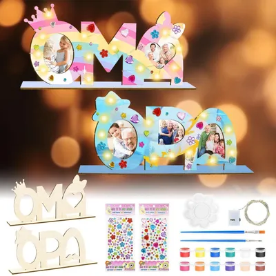 Productafbeelding van Houten letterset voor knutselwerkzaamheden, "Opa en Oma", met LED-verlichting en verfaccessoires, set van 2