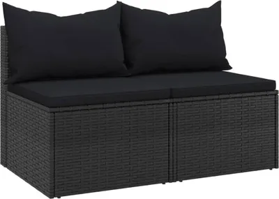Image de vidaXL Canapé de jardin central avec coussins 2 pcs. noir poly rotin