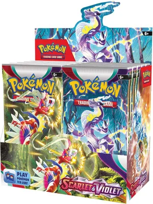 A display box of Pokémon Scarlet & Violet trading card game booster packs.