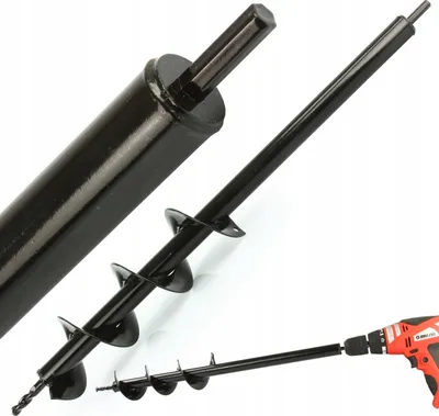 A collage of images showing a black auger drill bit for a garden drill, with a close-up of the shaft and a shot of it attached to a red and black drill.