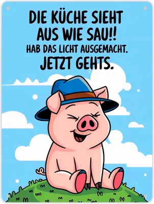 Produktbild von Schwein mit blauem Hut Metallschild XL in 21x28 cm - Küche sieht aus wie Sau