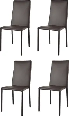 Four identical brown chairs with black metal legs are arranged in a two-by-two grid against a white background.