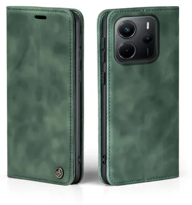A green flip case for a smartphone, shown from two angles.