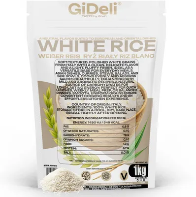 Immagine prodotto di Riso bianco a chicco lungo, 1 kg. Riso per uso alimentare, naturale, raffinato. Ideale come contorno. Marca: GiDeli