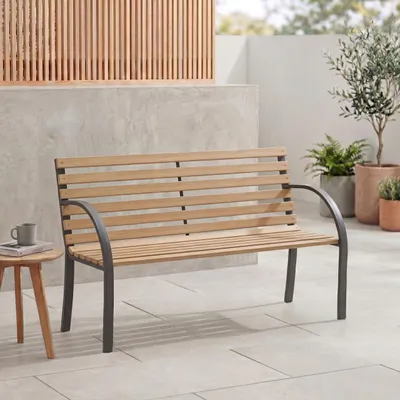 Imagen del producto de Banco de jardín de madera, con patas de acero, de 120 cm, para uso en exteriores