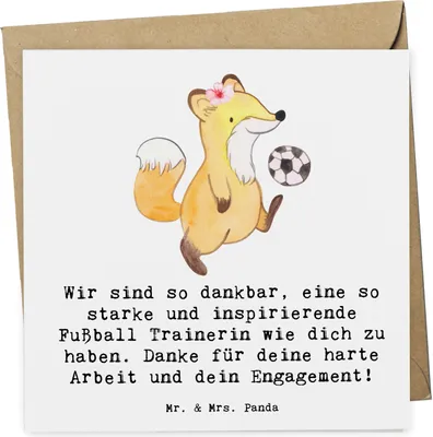 Produktbild von Mr. & Mrs. Panda Grußkarte Fußball Trainerin Dankbarkeit - Weiß - Geschenk, Mannschaft, anlasskarte, Sportart, Danksagung, Glückwunschkarte, doppelkarte, faltkarte