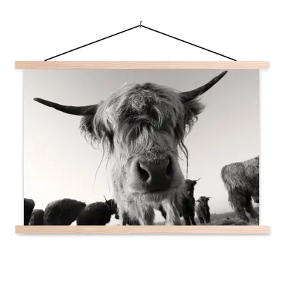 Produktbild von MuchoWow® Textilposter Schottischer Highlander - Schwarz - Weiß - Tiere 120x80 cm mit holzfarbenen Rahmen - Aufhängeset