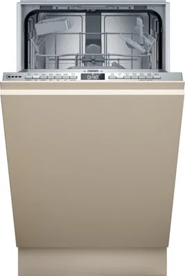A fully integrated dishwasher with its door open, revealing the interior racks and a digital display on the control panel.