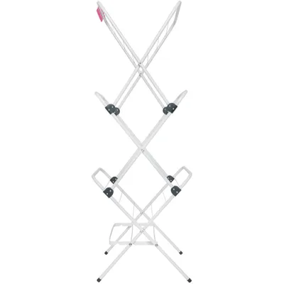 A white, foldable drying rack with multiple tiers.