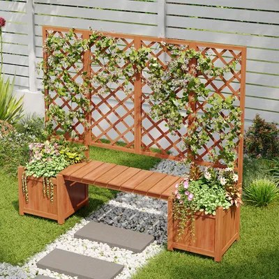 Image de OKWISH Plante et Jardinière - Bac à Fleurs en Bois avec Treillis pour Plantes Grimpantes, Meuble de Jardin en Bois de Sapin Massif, Brun - 169 x 42 x 145 cm