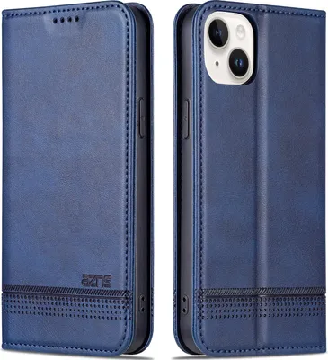 Produktbild von Leder Hülle für iPhone 15, Klapphüllen Brieftasche Magnetverschluss Ständer Schutzhülle Blau