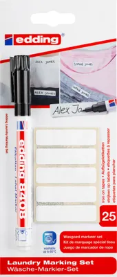The image shows the packaging of a laundry marking set, including a marker and iron-on labels.
