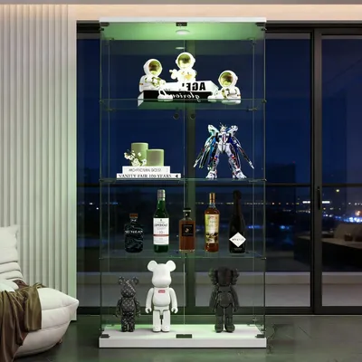 Image de Vitrine d'exposition avec porte et serrure, 4 étagères, éclairage LED, blanche