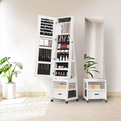 Imagen del producto de Espejo de cuerpo entero con armario para joyas, giratorio 360°, con cerradura y llaves. Organizador de joyas de pie con 1 cajón, color blanco