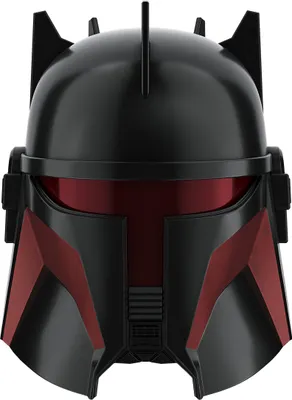 A front view of a black and red Star Wars helmet.