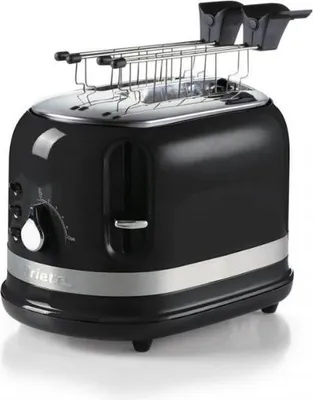 A black and silver toaster on a white background.