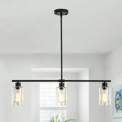 Zdjęcie produktu dla Zestaw 3 lamp wiszących - Czarne żyrandole - Szklana osłona - Do jadalni/salonu - Styl industrialny - Regulowana wysokość 53,5–100 cm - Lampa sufitowa