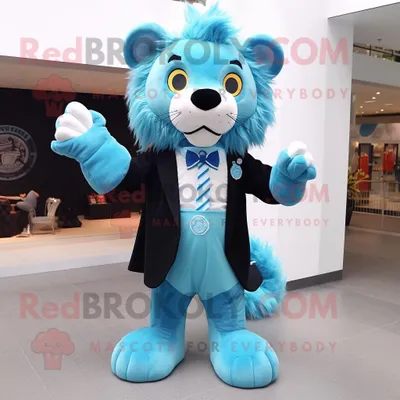 Produktbild von Cyanfarbener REDBROKOLY Löwe Maskottchen Kostüm charakter bekleidet mit einem Kleid und einer Fliege