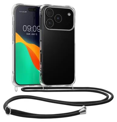 Produktbild von kwmobile Hülle mit Kordel für Apple iPhone 18 Pro / iPhone 17 Pro - Silikon Handyhülle mit Umhängeband, Soft Cover mit Band in Transparent Schwarz