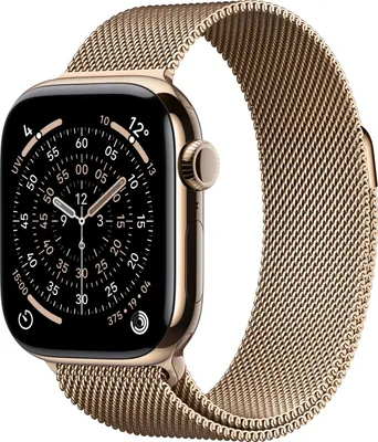A close-up shot of an Apple Watch with a gold Milanese loop band.