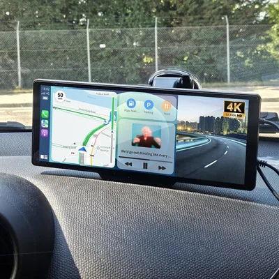 Zdjęcie produktu dla Radio samochodowe z 10-calowym ekranem dotykowym, obsługujące bezprzewodowe Apple CarPlay i Android Auto, z wbudowaną nawigacją GPS, przednią kamerą, kamerą cofania, rejestratorem jazdy 4K (dashcam) oraz Bluetooth i Wi-Fi