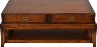 Produktbild von Casa Padrino Luxus Vintage Stil Couchtisch Braun / Messing 124 x 79 x H. 49 cm - Rechteckiger Massivholz Wohnzimmertisch mit Schubladen - Vintage Stil Wohnzimmer Möbel - Luxus Möbel