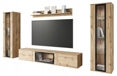 Zdjęcie produktu dla meblościanka do salonu, 2 witryny i szafka RTV 180 cm, dąb Wotan