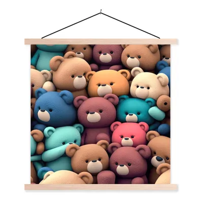 Produktbild von MuchoWow® Textilposter Teddybär - Stofftier - Rosa - Blau - Braun - Kind 60x60 cm mit holzfarbenen Rahmen - Wanddekoration