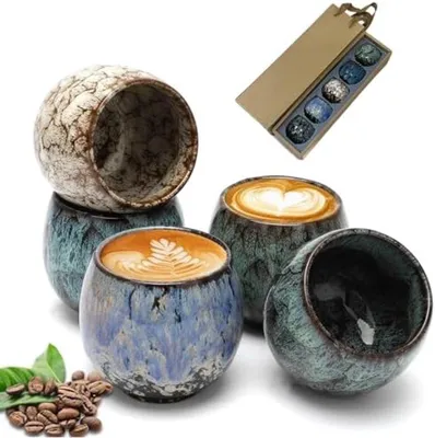 Produktbild von PromoHome® Espressotassen Set - 5 Dickwandige Keramikbecher Ohne Henkel, 100 ml, Schwarz