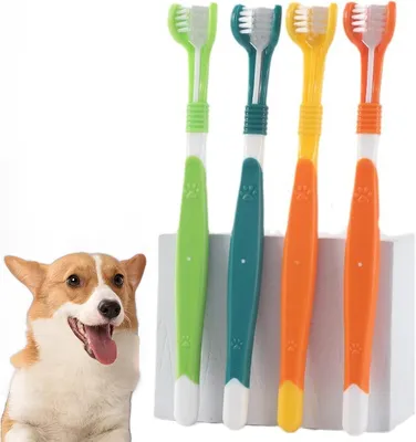 Produktbild von Hunde-Zahnbürsten Set 4-teilig, Dreifachkopf, Nachhaltiges PP und Nylon, Für Mundhygiene, Tiefe Reinigung