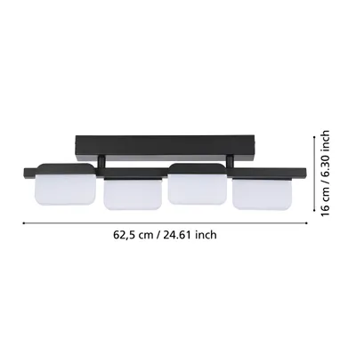 A black ceiling light fixture with four frosted glass shades is shown against a white background. Dimensions are indicated with text overlays.