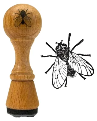Produktbild von Holzstempel Fliege, Ø 2 cm, mit praktischem Griff und Bildmotiv auf dem Griff, witziges Geschenk