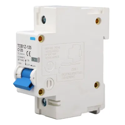 A white electrical circuit breaker with blue lever, mounted on a white background.
