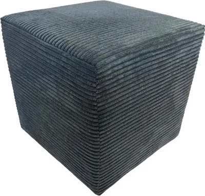 A gray corduroy cube ottoman is shown against a white background.