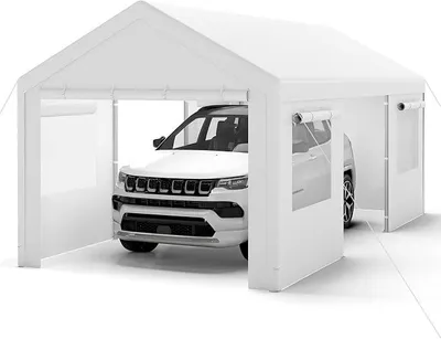 Image de Abri de voiture en toile, 586 x 305 cm. Abri de garage résistant à l'hiver, tente de stockage avec parois latérales amovibles, portes enroulables et fenêtres ventilées. Abri pour voiture, SUV, camion, véhicule utilitaire (blanc)