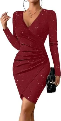 Produktbild von Damen Minikleid Schlank Langarm V-Ausschnitt Party-Cocktailkleid mit V-Ausschnitt, rot, S
