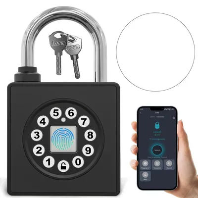 A smart padlock with keys and a smartphone displaying its app interface.