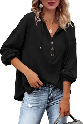 Produktbild von ASKSA Damen Kapuzenpullover Sweatshirts Hoodies Kordelzug Tiefer V-Ausschnitt Knopfleiste Tops, Schwarz, M