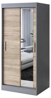 Zdjęcie produktu dla Szafa przesuwna - 90x200cm - Antracyt Mat/ Dąb Sonoma - Szafa przesuwna HUGO - z lustrem- do sypialni i garderoby