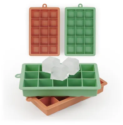 Produktbild von Blumtal 2x15er Silikon Eiswürfelform Würfel 3,3 cm - Eiswürfelbehälter Würfelgröße XL, BPA frei, Leichtes Herauslösen der Eiswürfel, Olivgrün und Rot