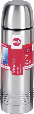 A stainless steel thermos bottle with a red label.