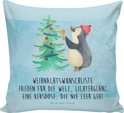 Produktbild von Mr. & Mrs. Panda kissen für sofa Pinguin Weihnachtsbaum - Eisblau - Geschenk, Deko, Weihnachten, 40x40, Kleines, Lounge, 40 x 40, Winter, Wintermotiv, Polster