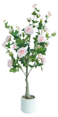 Produktbild von Künstlicher Rosenbaum - 120 cm Kunstpflanze im Topf - Bodenstehender Deko-Blumenbaum für Innenbereich - Plastik-Rosenstrauch - Hellrosa 1 Stück
