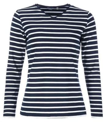 Produktbild von modAS Damen Shirt mit Streifen und V-Ausschnitt - Bretonisches Streifenshirt Langarm aus Baumwolle in Blau-Weiß Größe 48